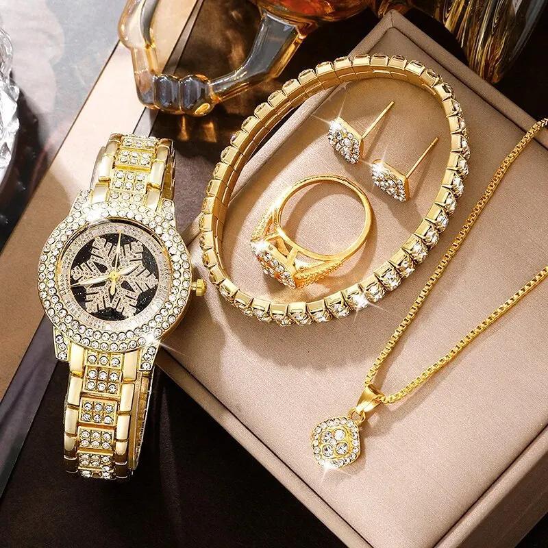 Snowflake Pattern Watch Luxury Full Rhinestone Jewelry Five-piece Set - Zentrova Snowflake Pattern Watch Luxury Full Rhinestone Jewelry Five-piece Set - Zentrova